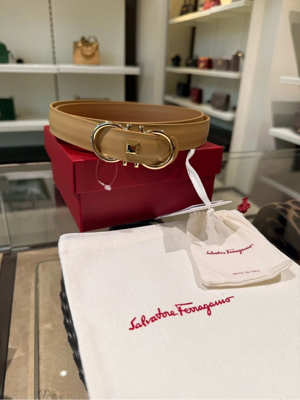 Salvatore Ferragamo Donna H.25 Calfskin Gancini Camel Belt Gold Hardware SZ 100